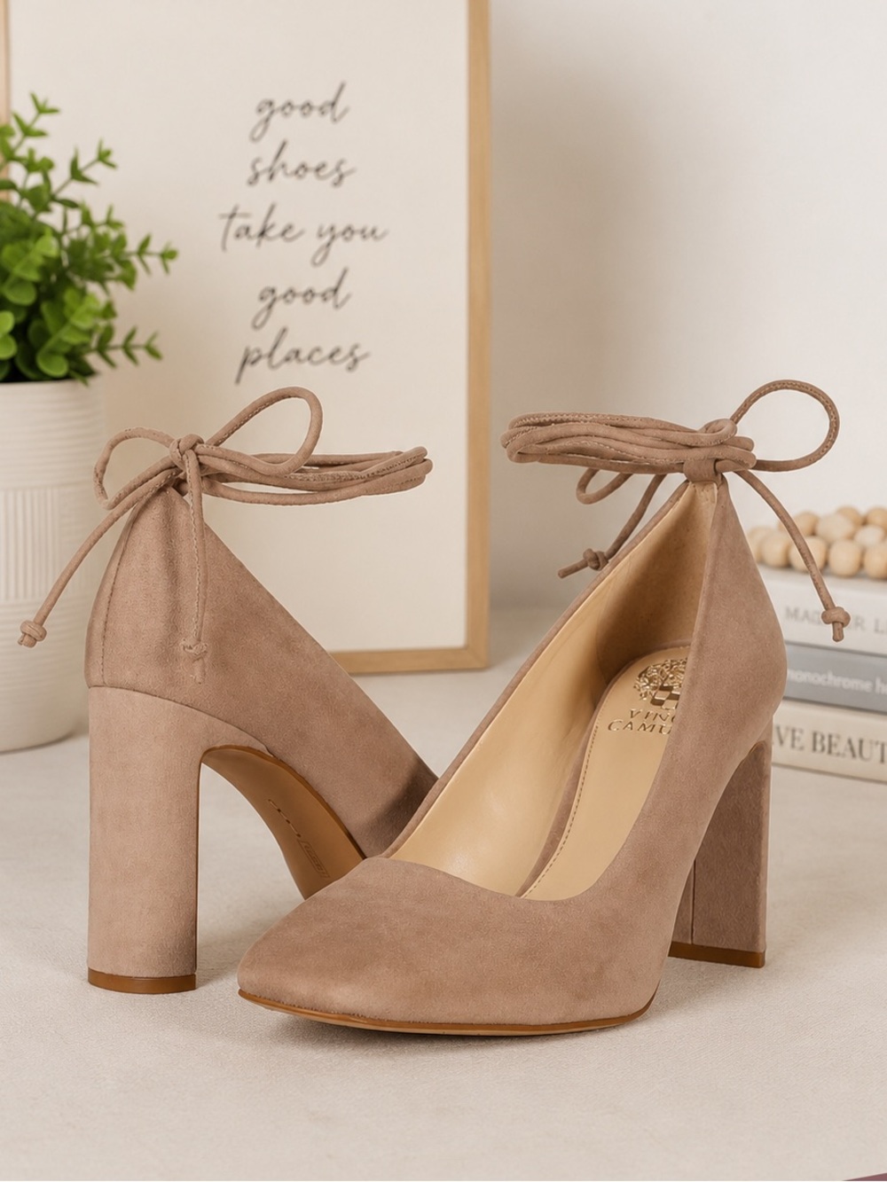 Vince Camuto Taupe Suede Block Heel Pumps with Ankle Tie
